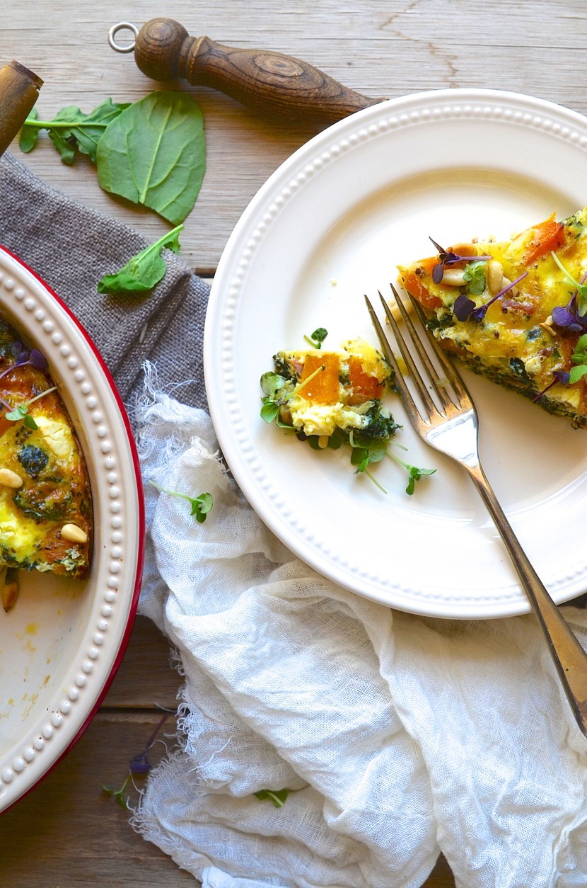 Roast Butternut Crustless Quiche with Feta & Pine Nuts