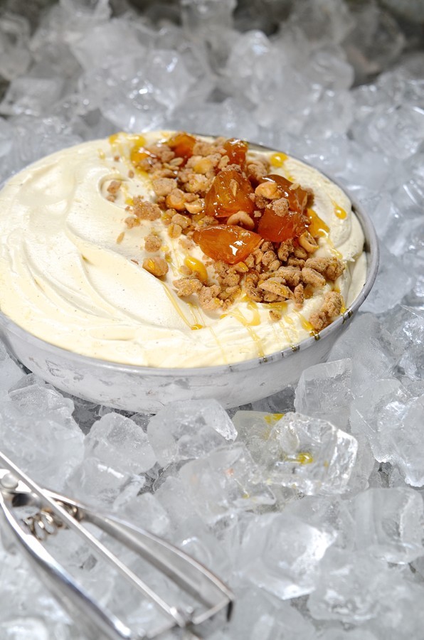 Milk tart ice cream with gingerbread crumble