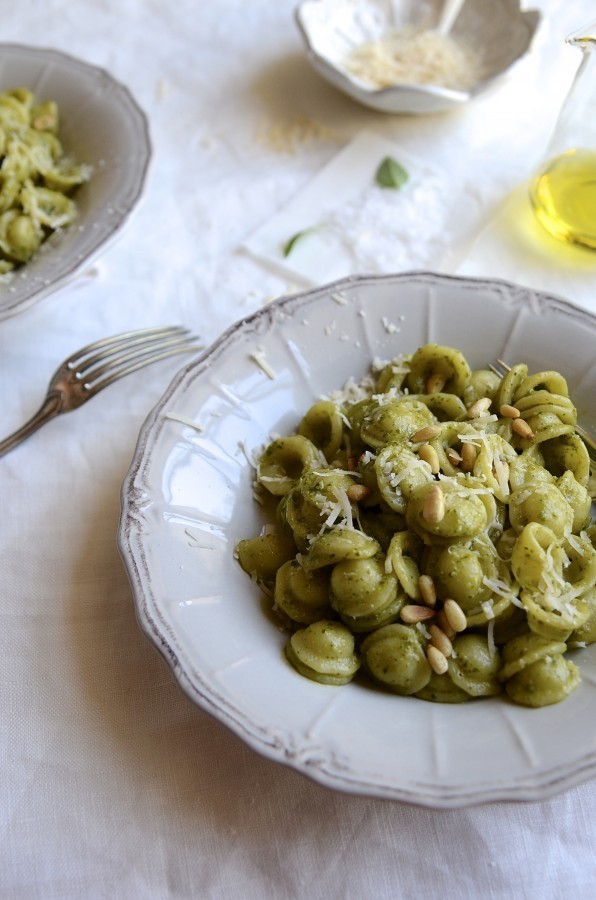 Orecchiette basil pesto pasta with rocket and walnuts