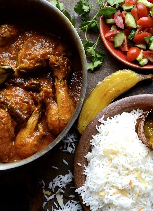 Cape Malay chicken curry|roasted bananas