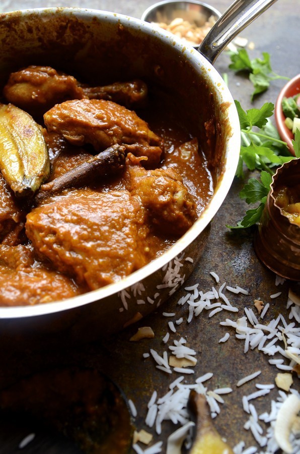 Cape Malay chicken curry|roasted bananas