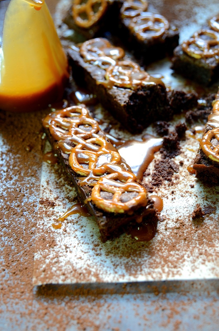 Salted pretzel brownies with caramel sauce