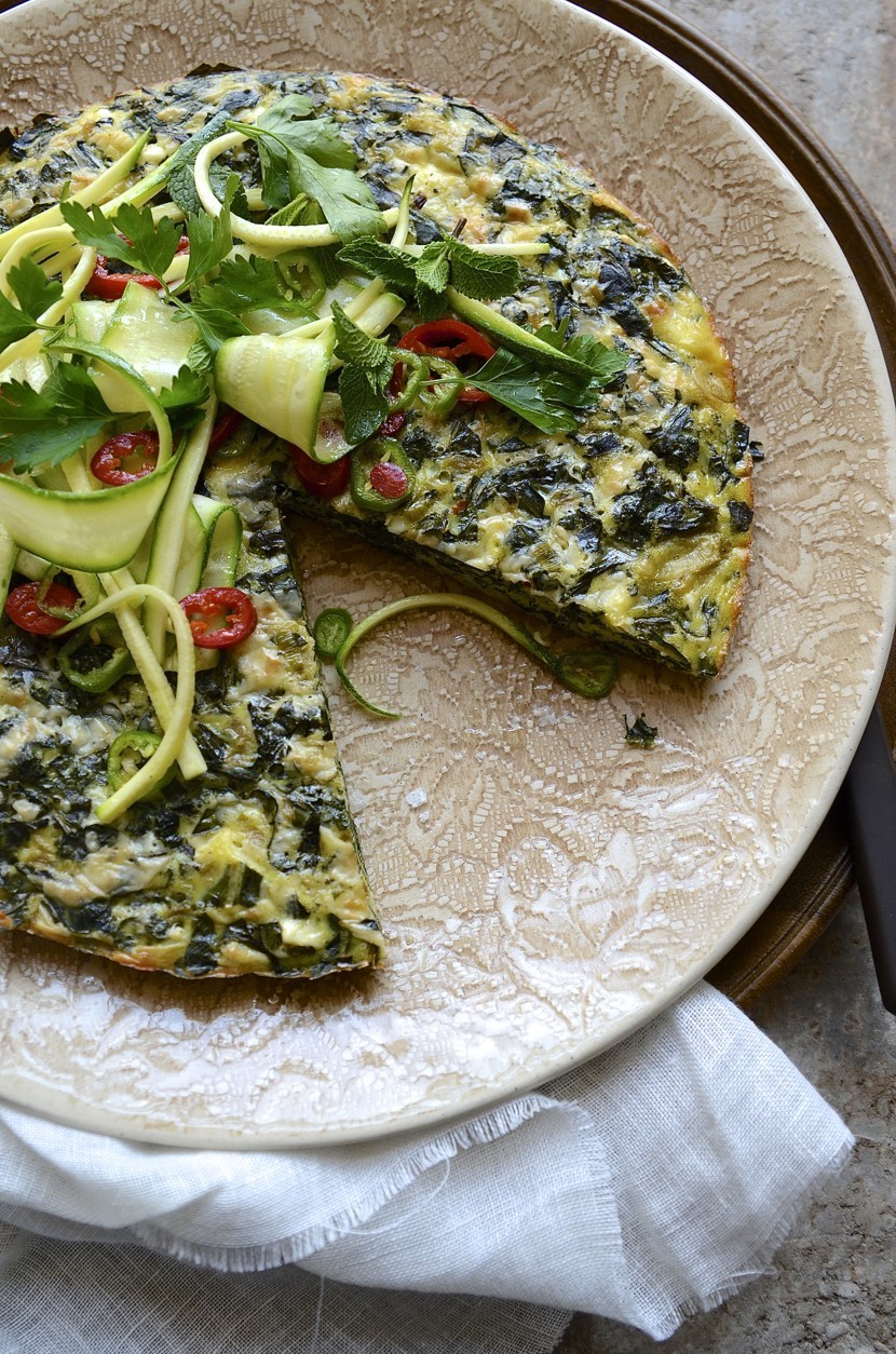 Rainbow coloured Swiss chard frittata