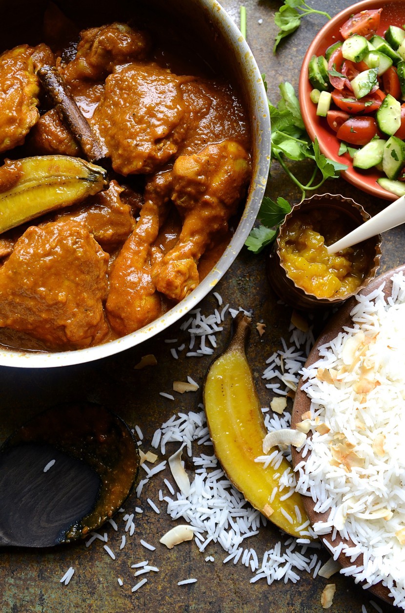 Cape Malay chicken curry|roasted bananas