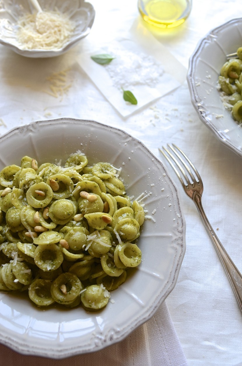 Orecchiette basil pesto pasta with rocket and walnuts