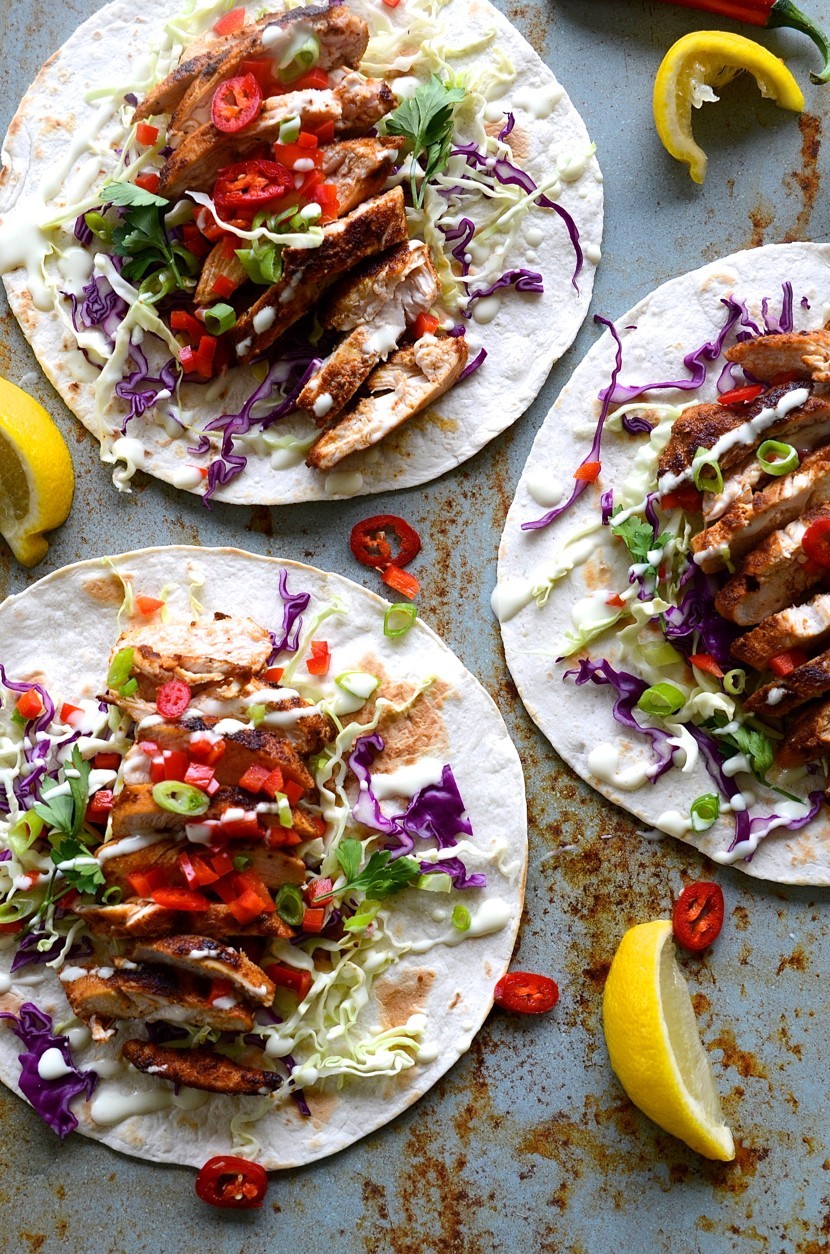 chicken tacos with slaw salad and a lemony buttermilk – mayo dressing