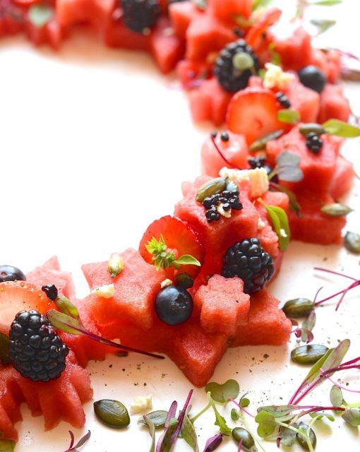 Watermelon wreathe with balsamic beads and feta