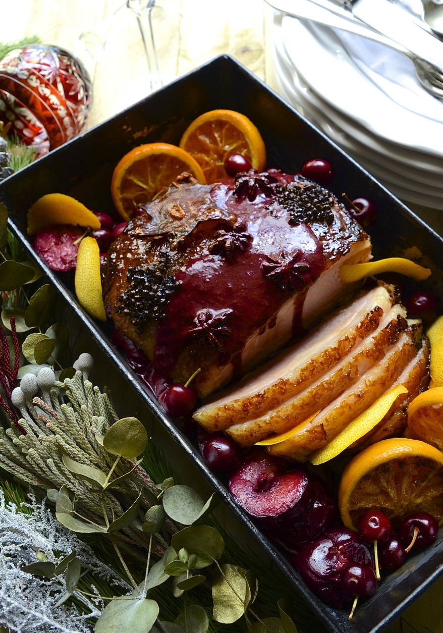 maple and mustard glazed gammon with star anise and orange plum sauce