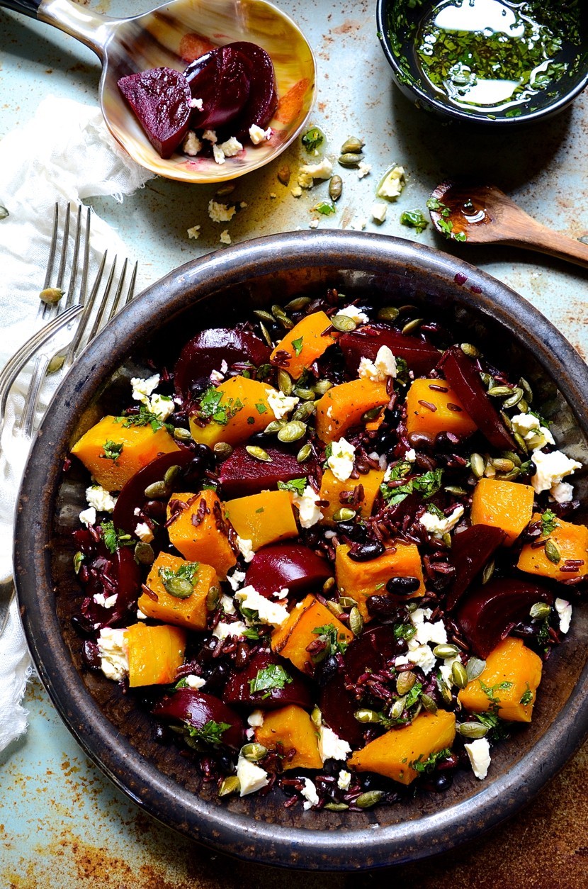 Black rice salad with balsamic beets and butternut