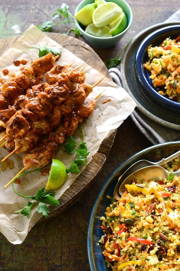 paprika and coriander spiced chicken kebabs with carrot, nut and cranberry bulgur wheat salad