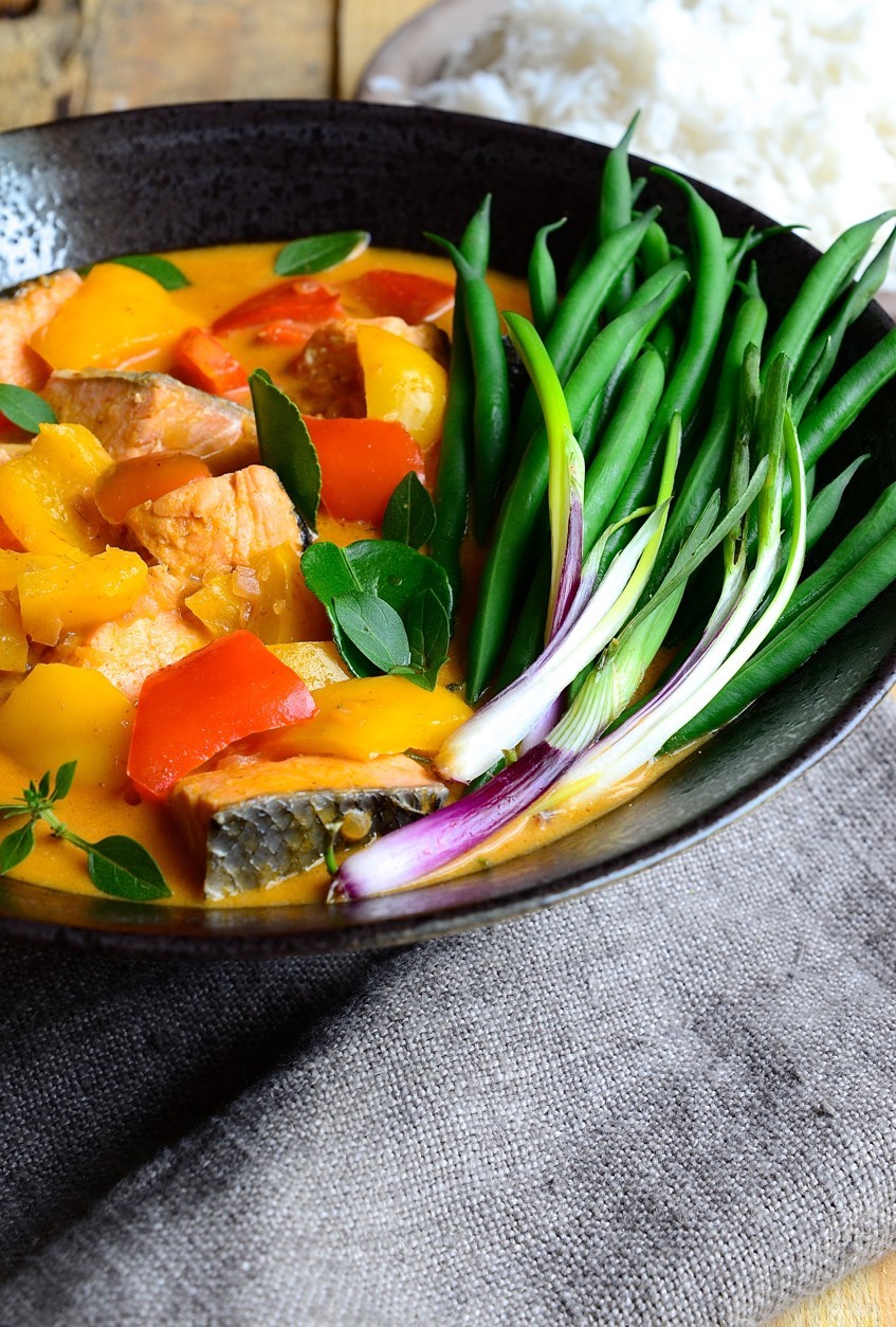 Red Thai salmon curry with coconut cream