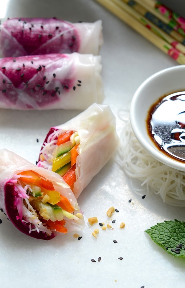 Beetroot, vegetable and salted peanut rice paper rolls