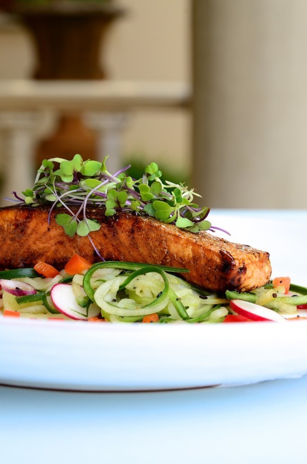 honey and soy glazed salmon with cucumber spaghetti salad and poppy seed dressing
