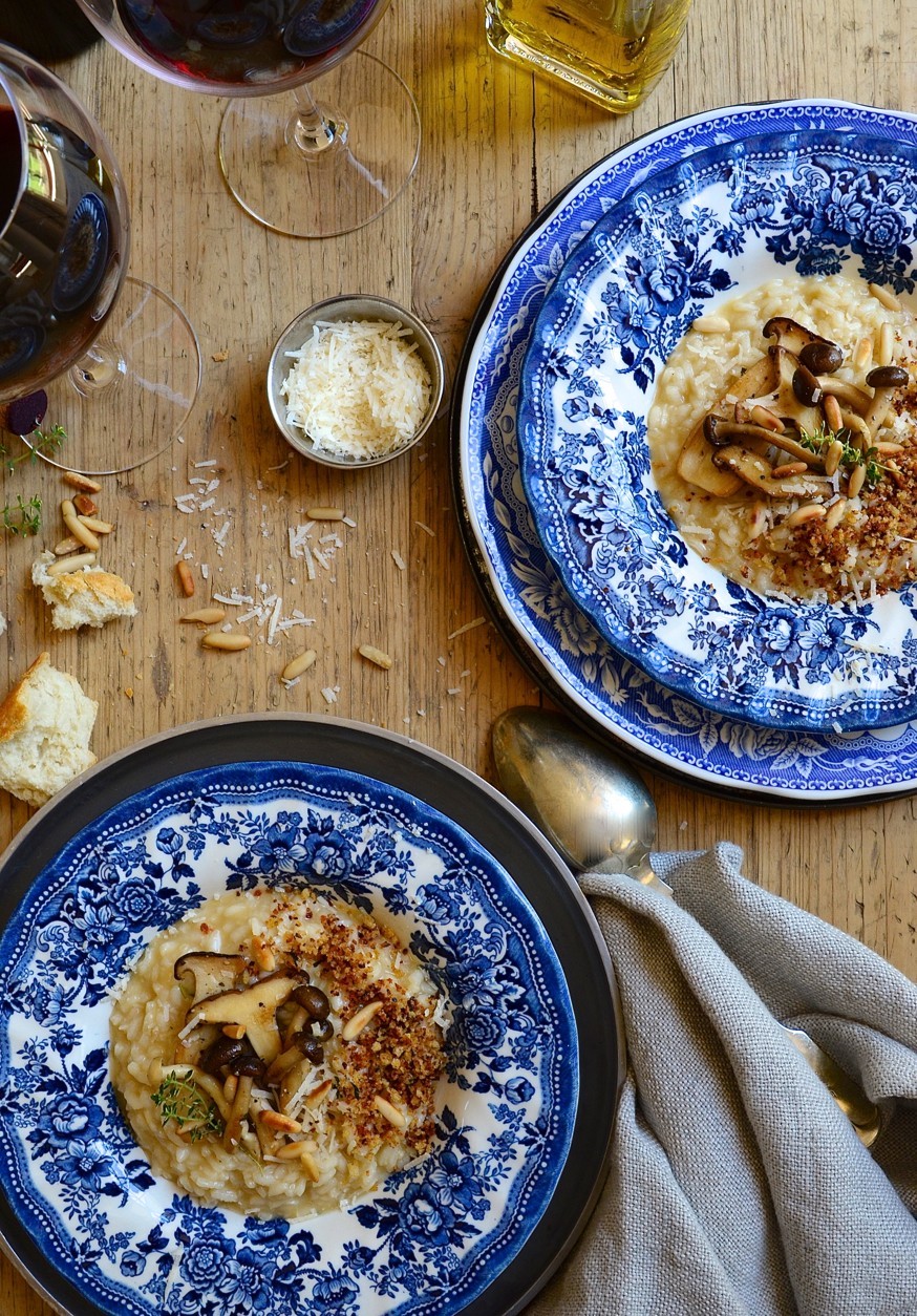 brown butter risotto with exotic mushrooms and chorizo pangrattato crumbs