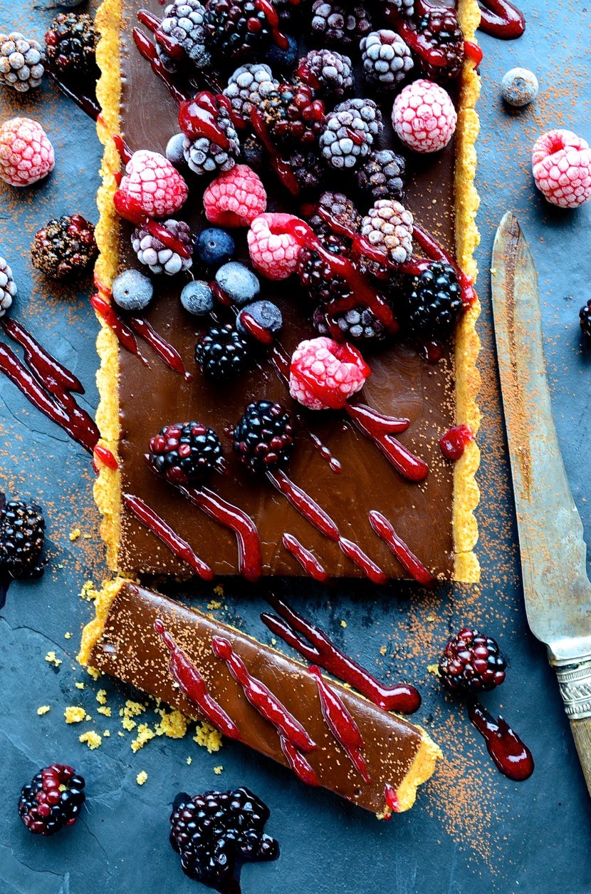 No-bake salted chocolate tart with frosted berries