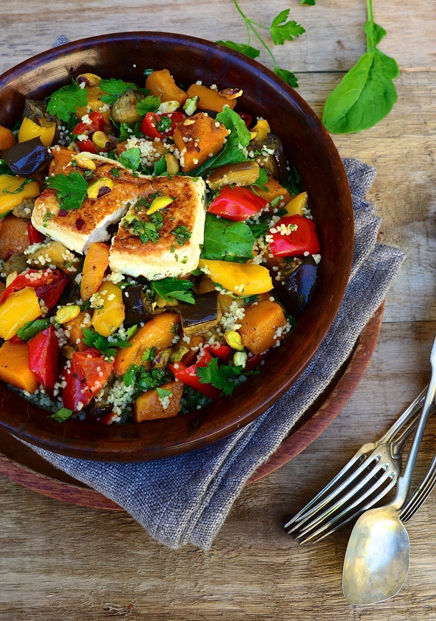 Roast vegetable salad with grilled feta