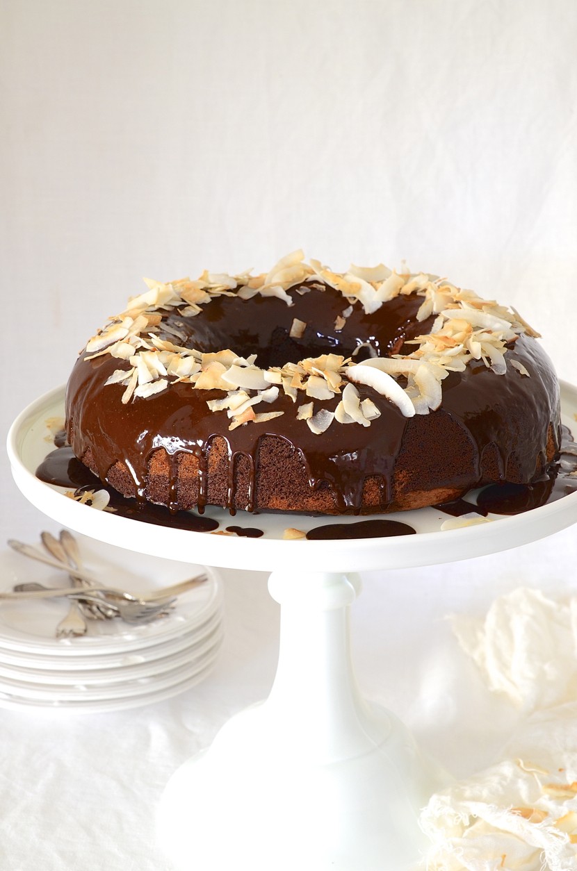 Chocolate banana bread Bundt cake with coconut ganache
