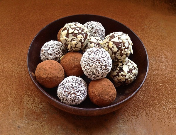 chocolate-date truffles with coconut and cranberries