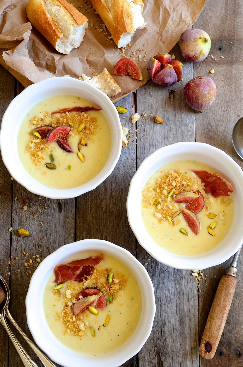 creamed parsnip and apple soup with blue cheese and figs