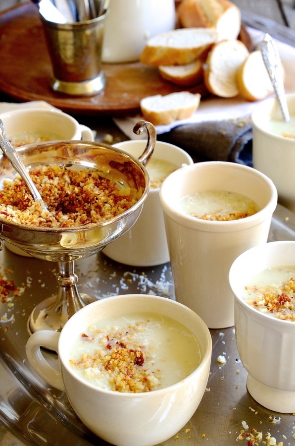 vichyssoise soup with bacon and parmesan crumble