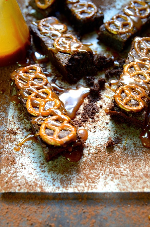 Salted pretzel brownies with caramel sauce