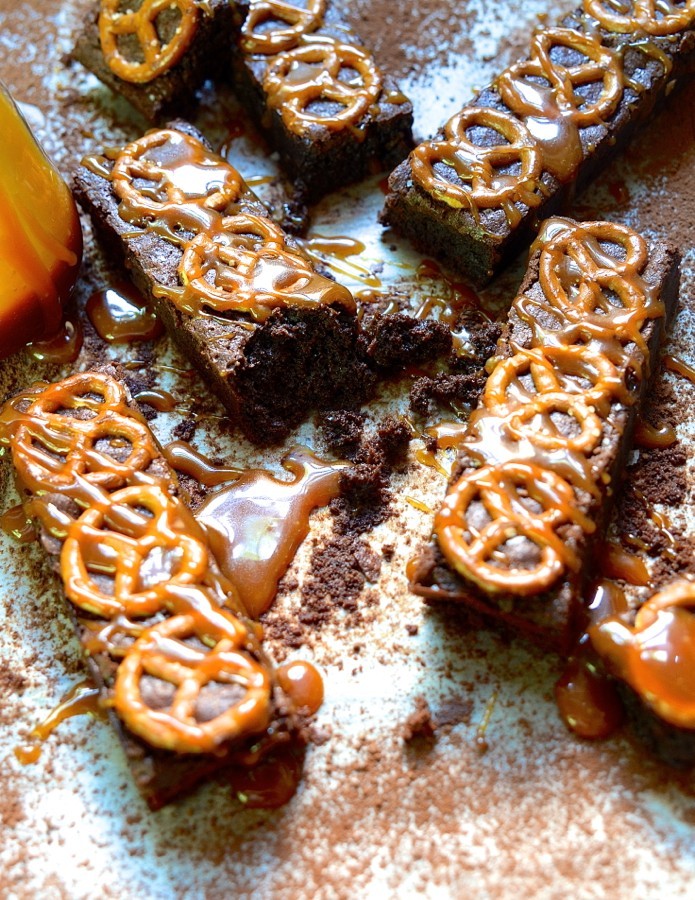 Salted pretzel brownies with caramel sauce