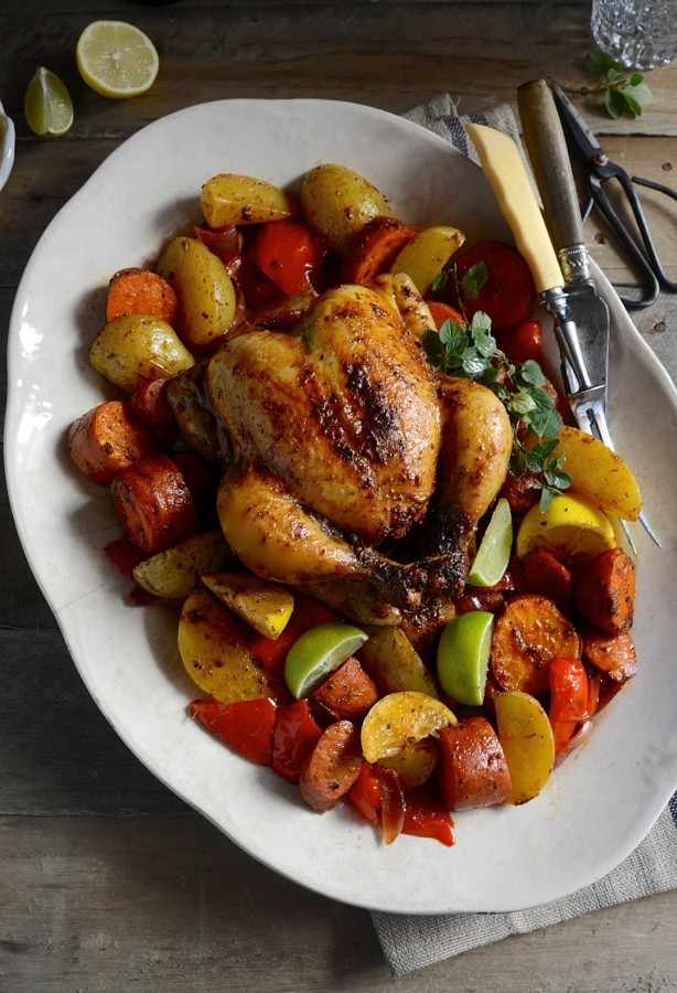 spanish roast chicken and vegetable tray bake