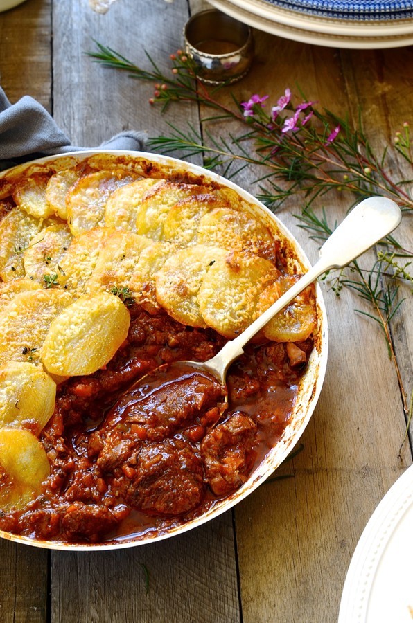 Red wine beef stew with potato gratin