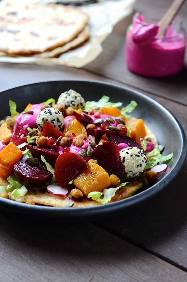 Butternut flatbreads with beets and goat’s cheese truffles