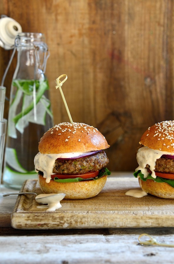 beef burgers with mushrooms and chipotle mayo