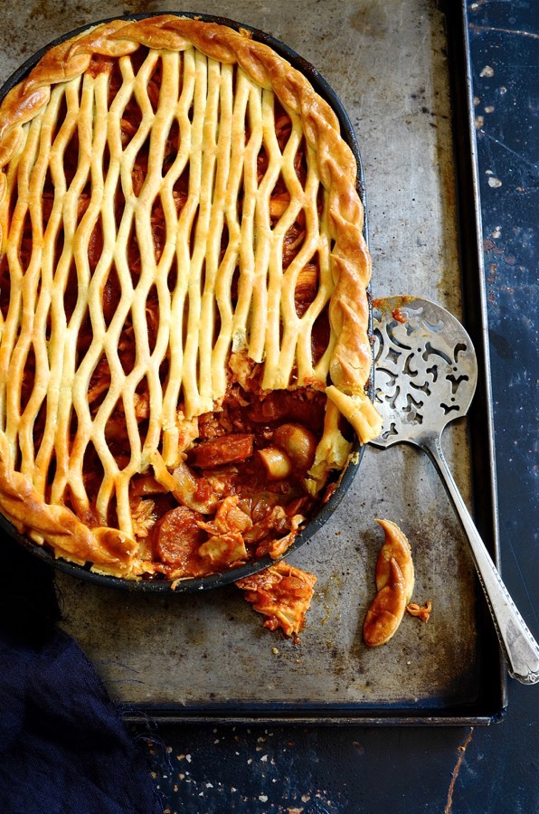 Spanish chicken pie with chorizo and peppers