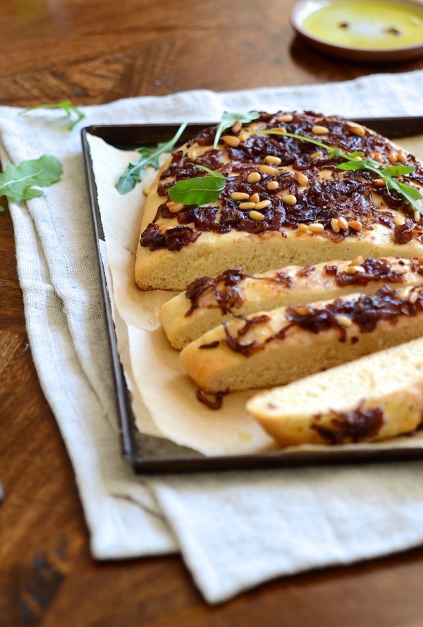 Focaccia with caramelised onion and pine nuts