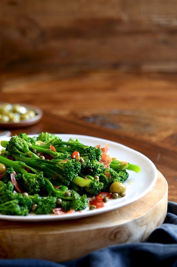 Broccolini with prosciutto, capers and olives