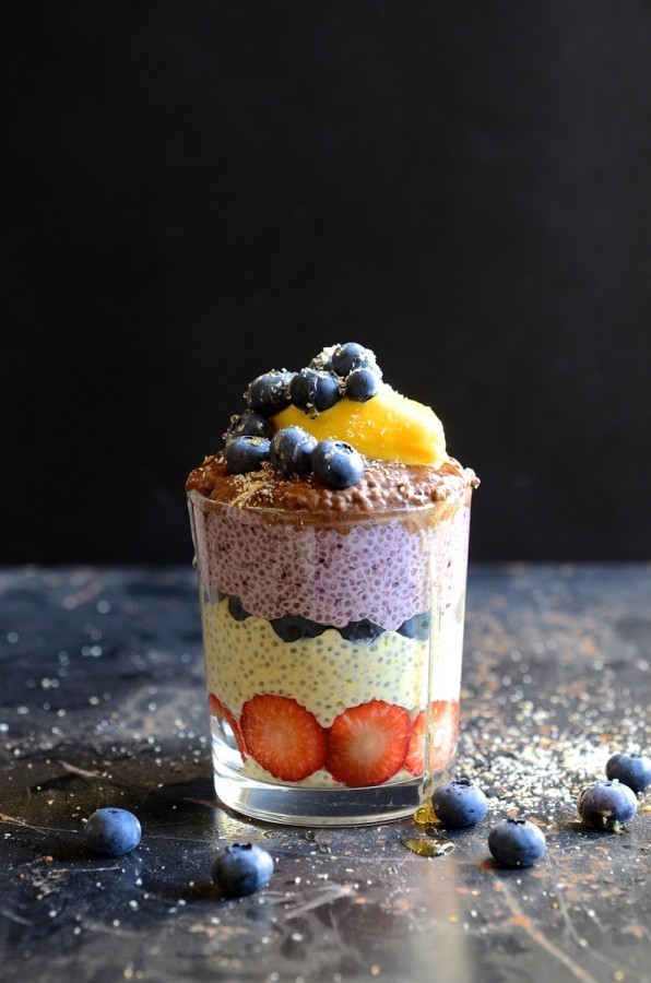 Fruity chia pudding parfaits with mango ice cream