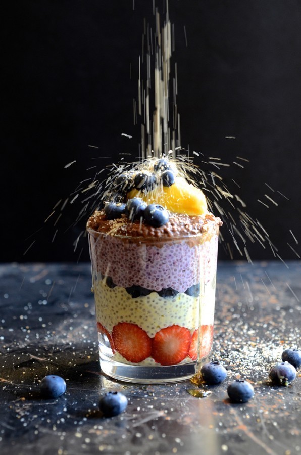 Fruity chia pudding parfaits with mango ice cream