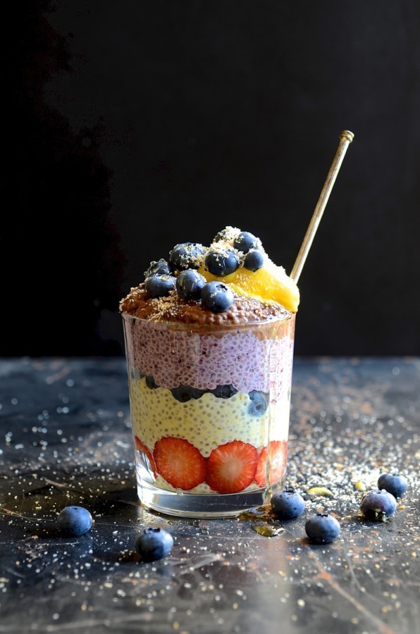 Fruity chia pudding parfaits with mango ice cream