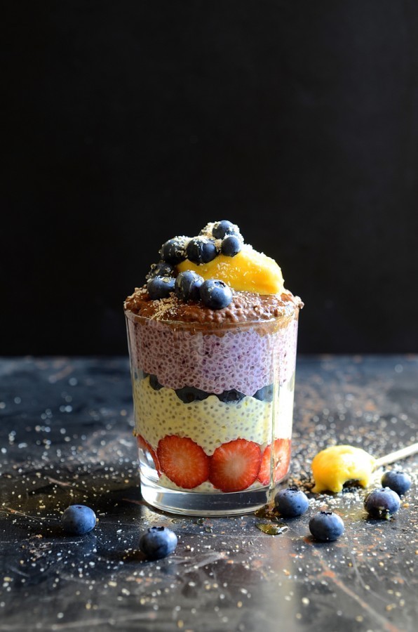 Fruity chia pudding parfaits with mango ice cream