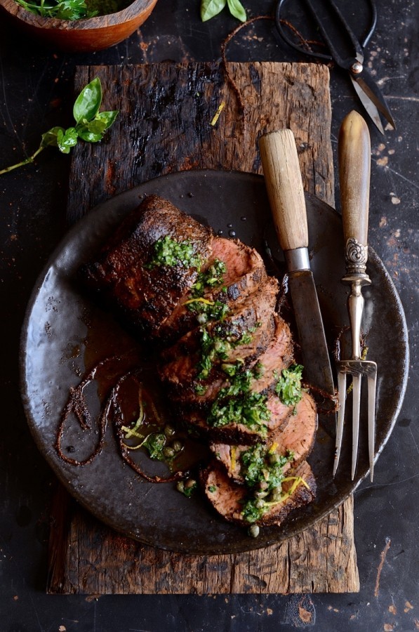 Smoky Joe's beef fillet with salsa verde