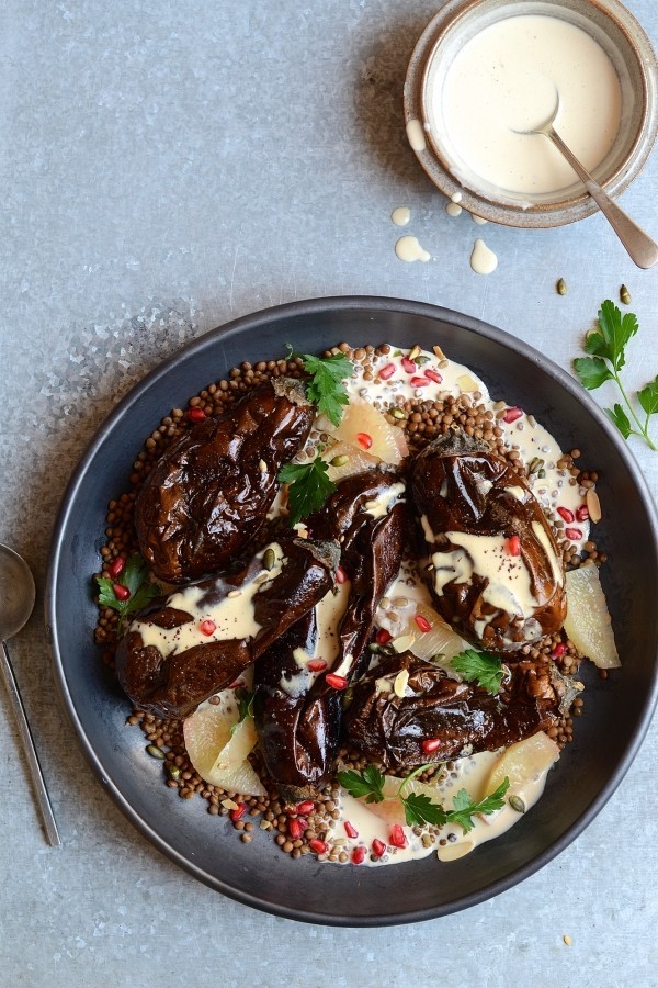 Roast aubergine with miso and pomelo