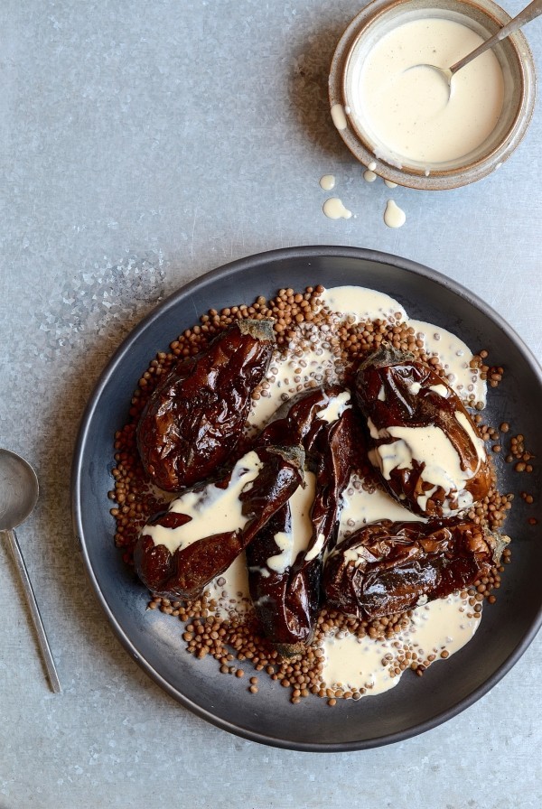 Roast aubergine with miso and pomelo