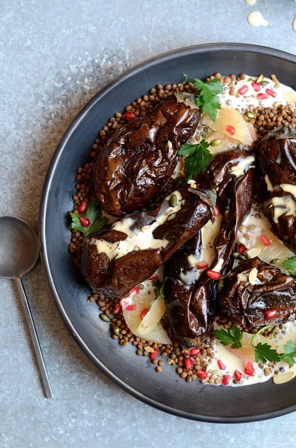 Roast aubergine with miso and pomelo