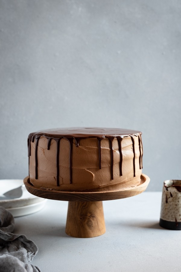 dark chocolate mousse cake with cloud frosting