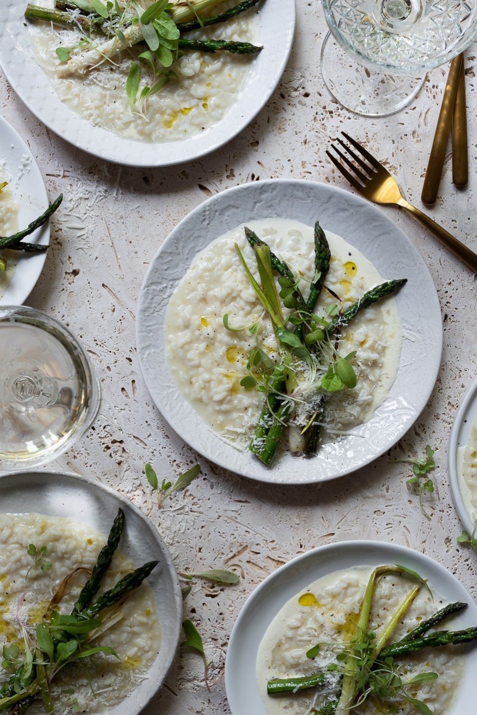 Charred leek and asparagus risotto
