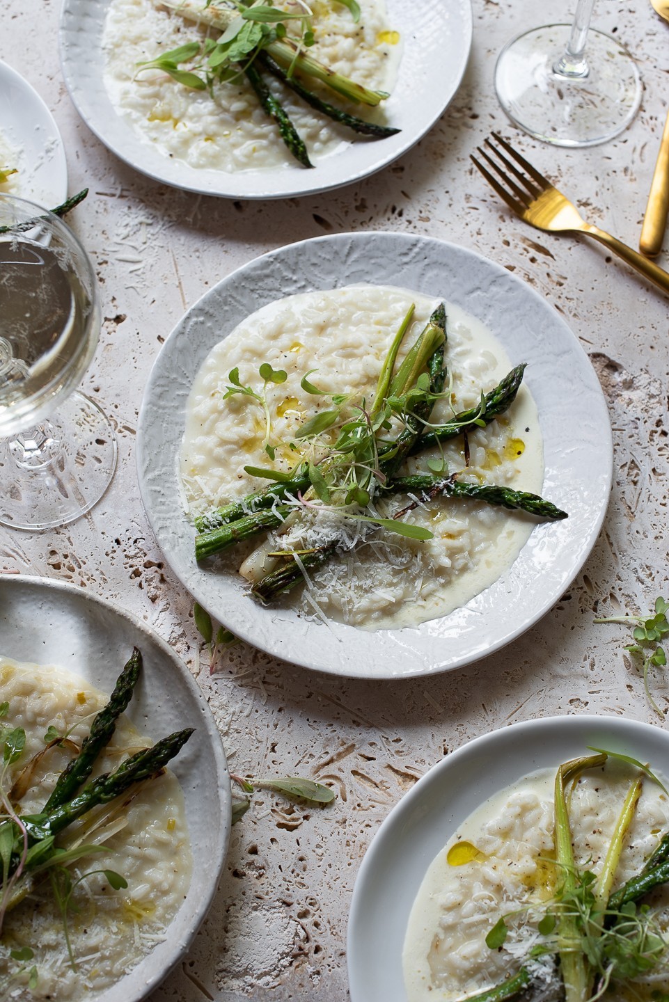Charred leek and asparagus risotto