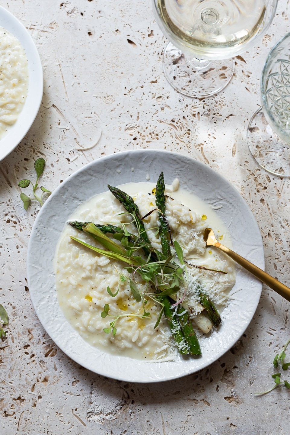 Charred leek and asparagus risotto