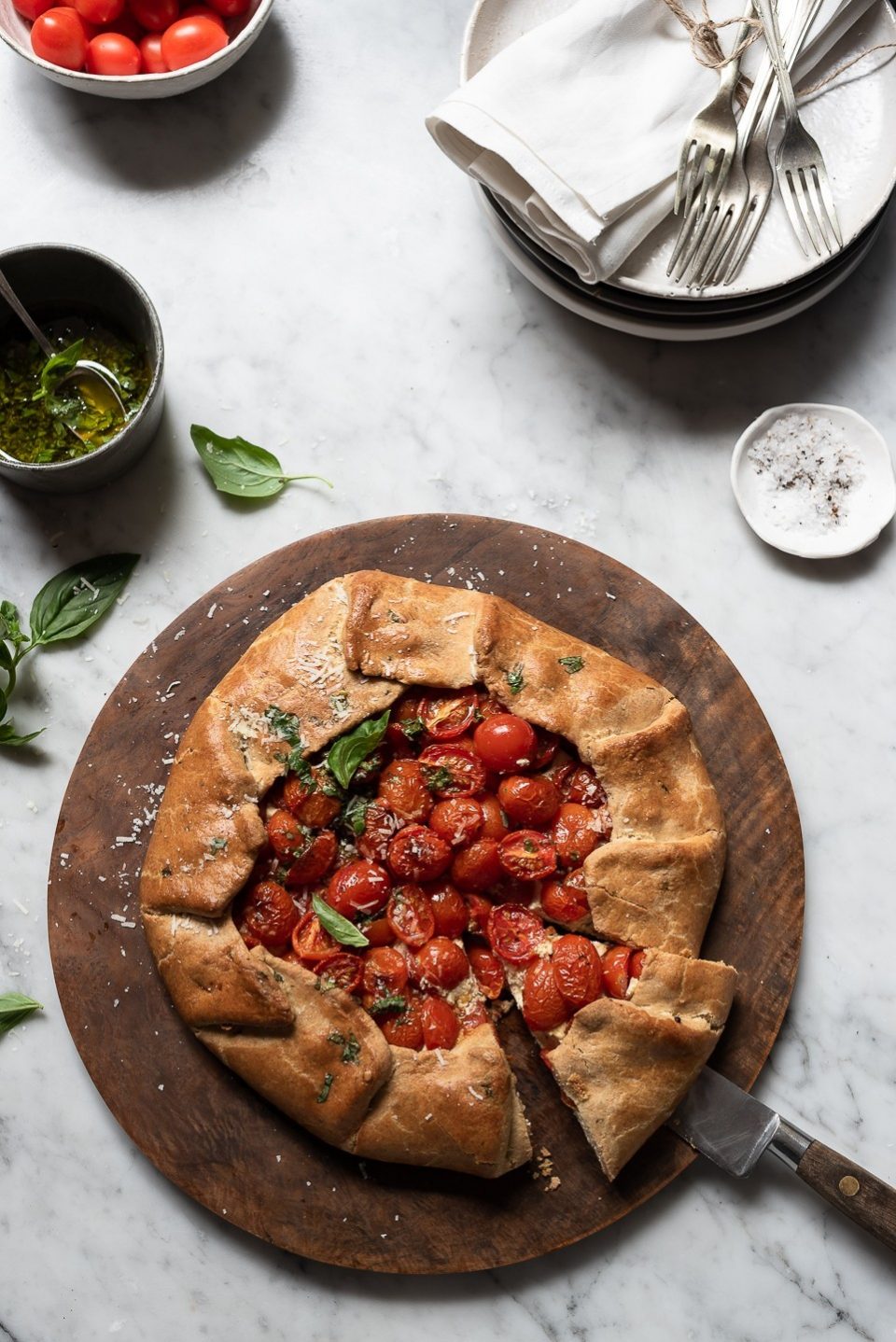 Tomato galette with ricotta and basil oil