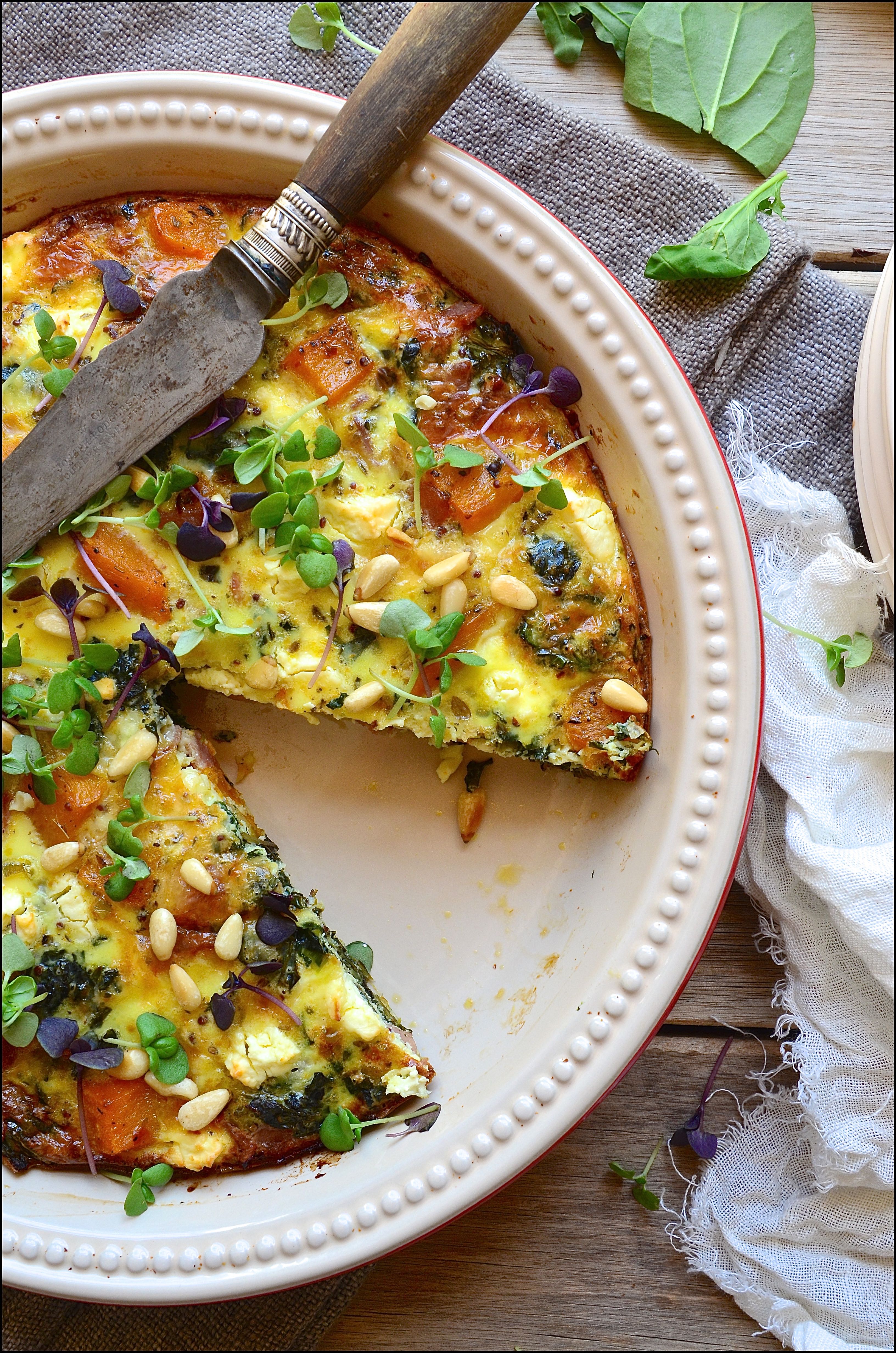 Roast Butternut Crustless Quiche with Feta & Pine Nuts