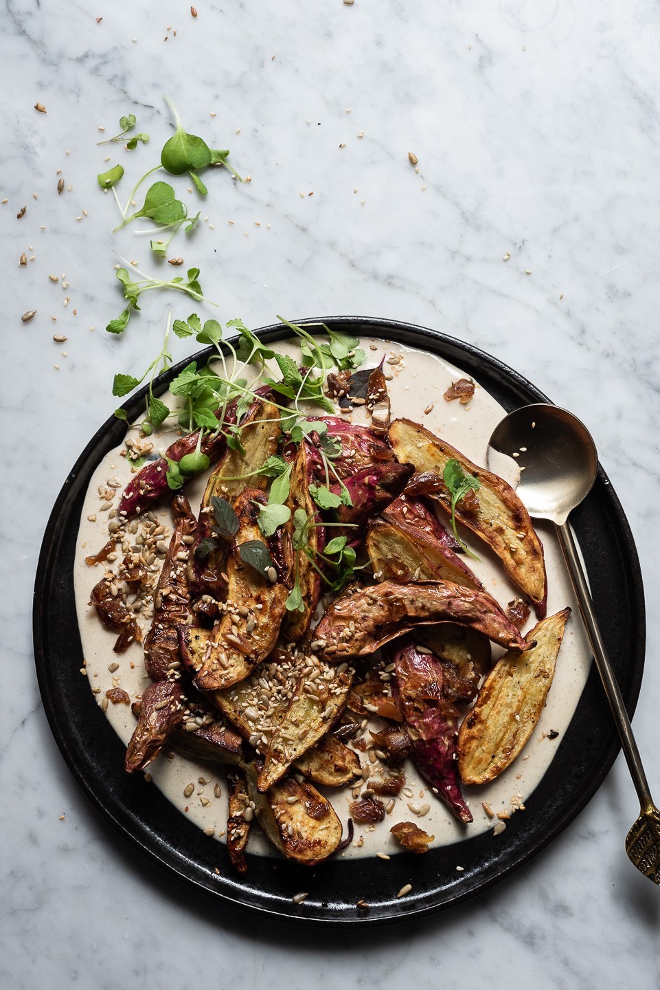 Cumin roast sweet potatoes with tahini sauce