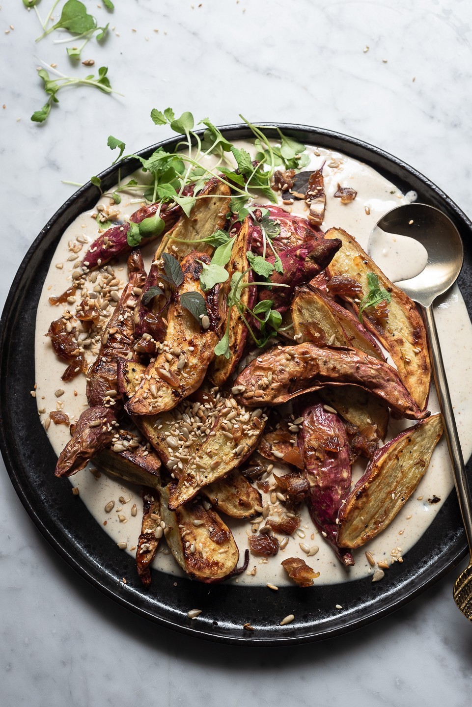 Cumin roast sweet potatoes with tahini sauce