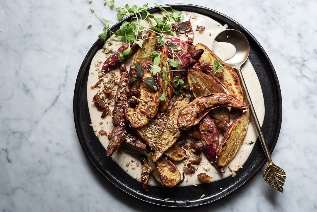 Cumin roast sweet potatoes with tahini sauce